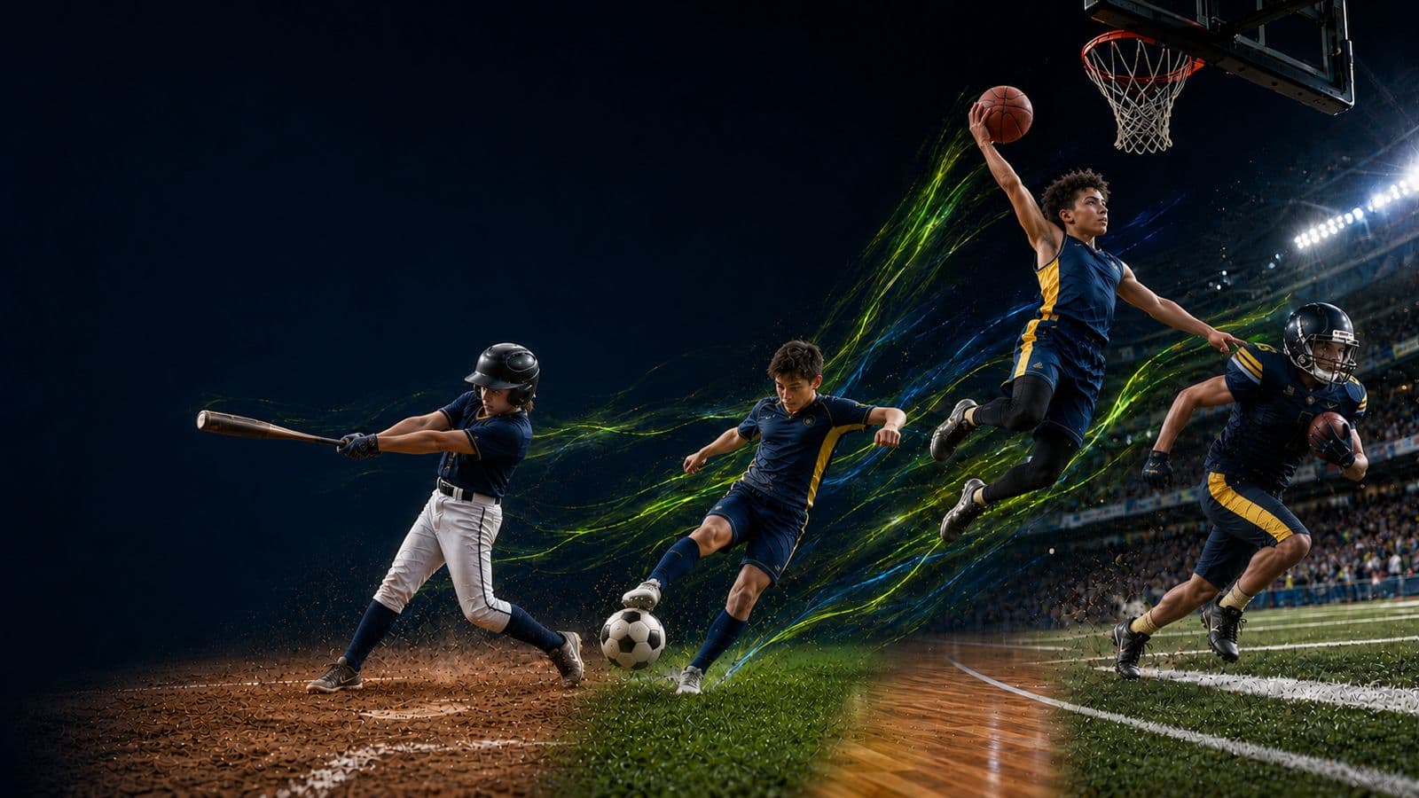 Youth baseball, soccer, basketball, and football athletes in a stadium