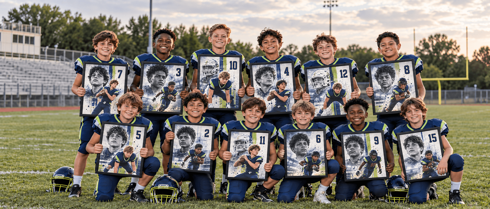 Youth football team holding their personalized portrait products on the field