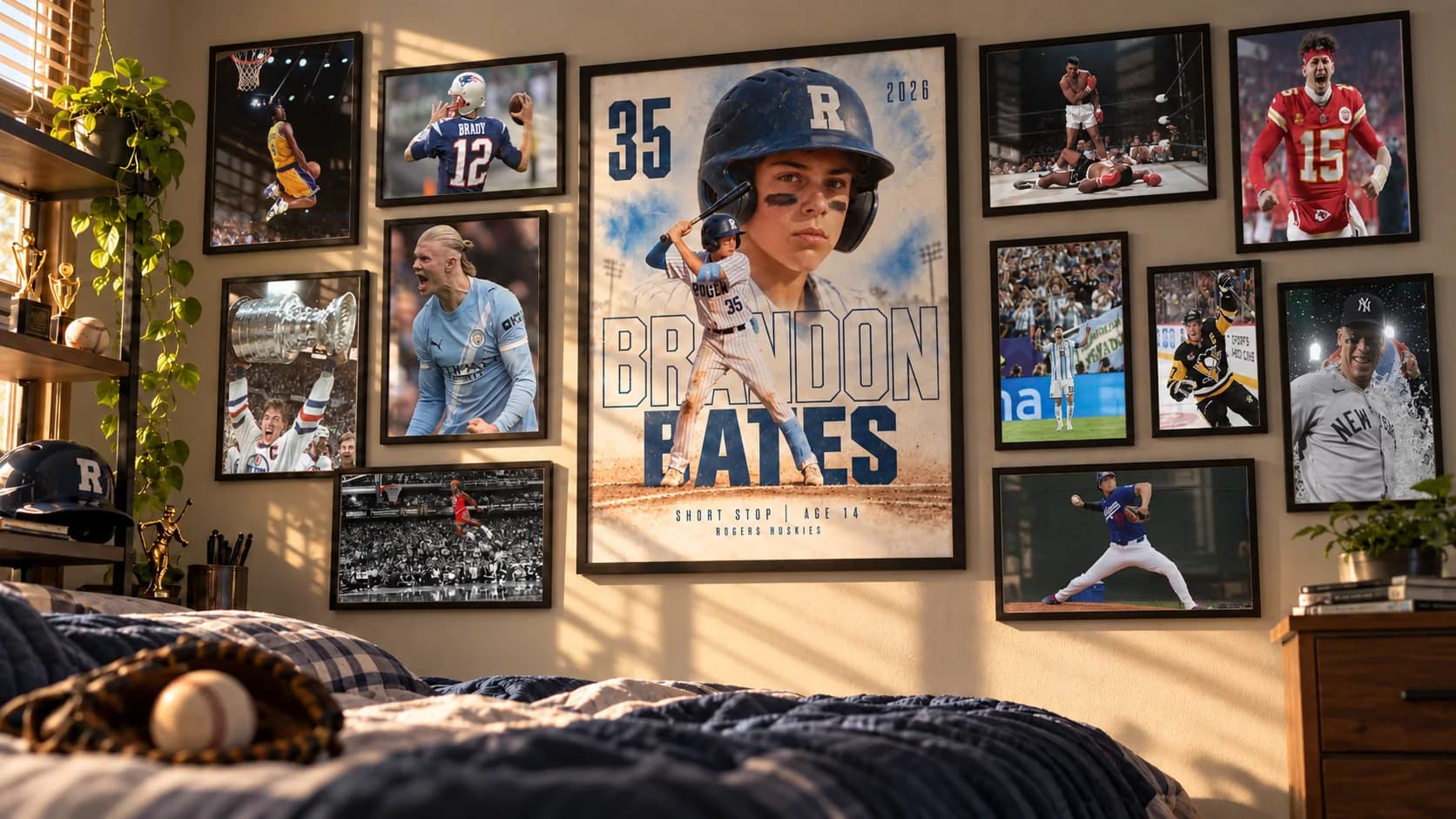 A young baseball player's personalized poster surrounded by framed sports photographs