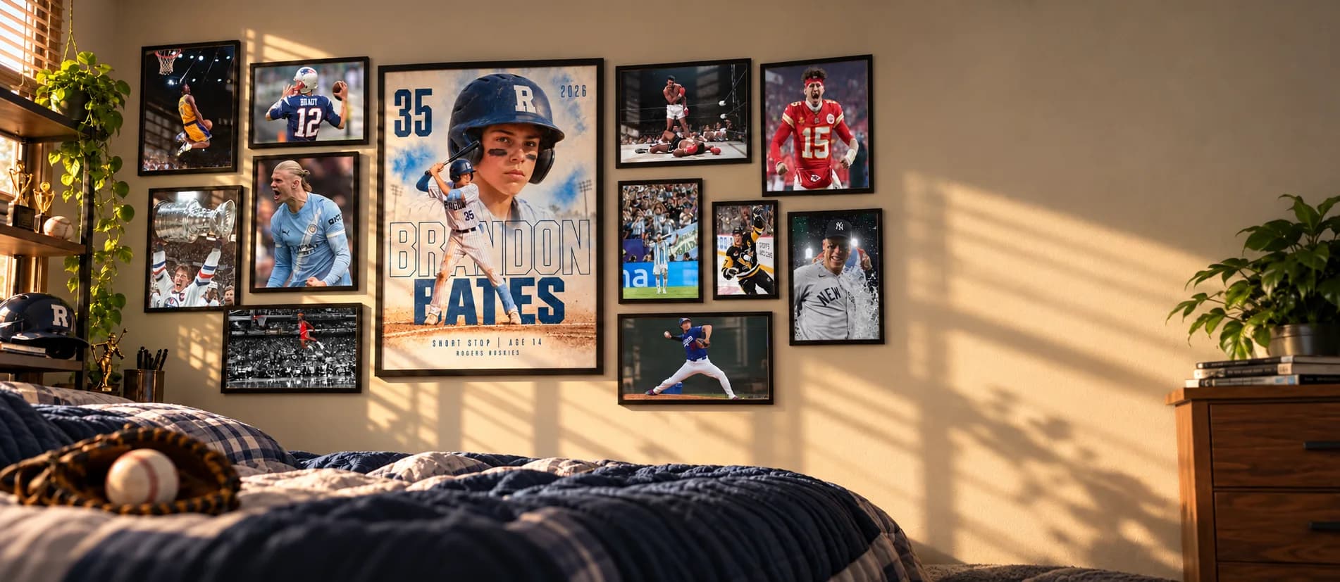 A young baseball player's personalized poster among framed sports photographs in a sunlit bedroom