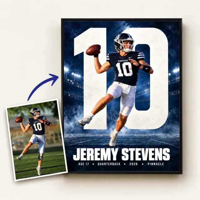 All Star football poster with an athlete portrait, action photo, and source photo