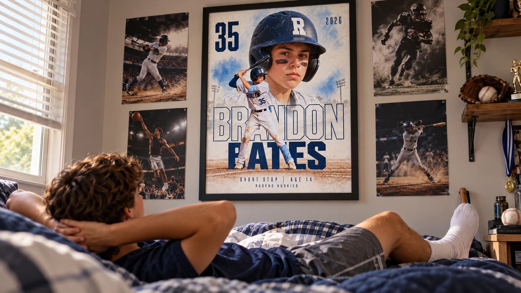 Athlete looking at his own framed sports poster beside the players he admires