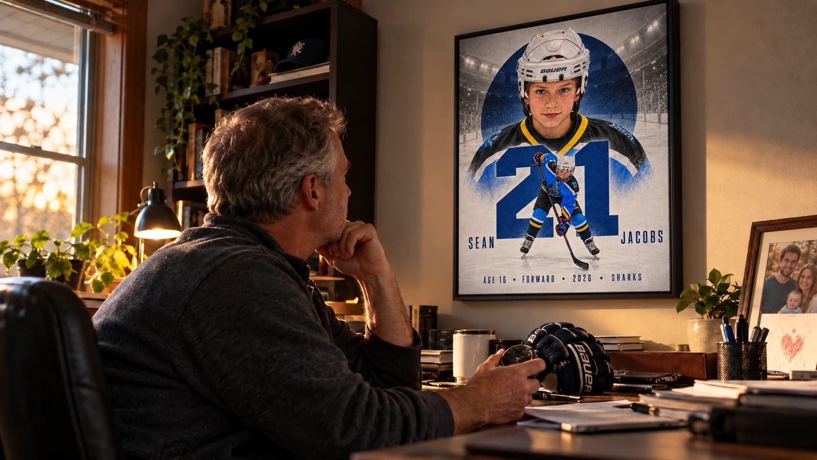 Older parent looking at a framed youth hockey portrait in a home office