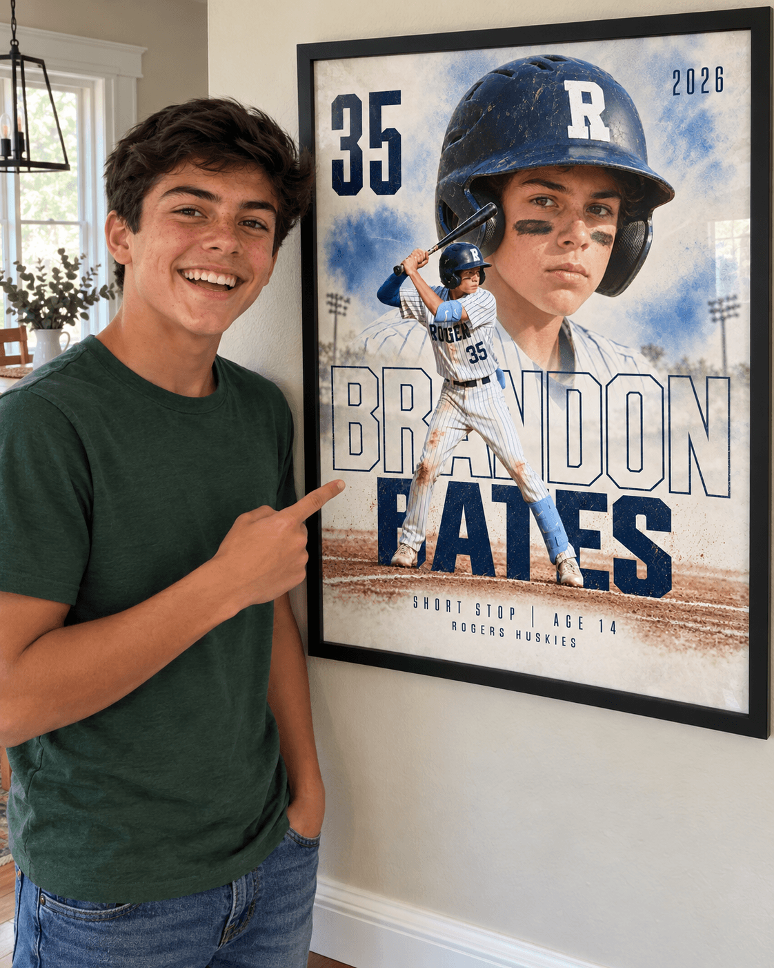 Brandon beside his personalized baseball poster