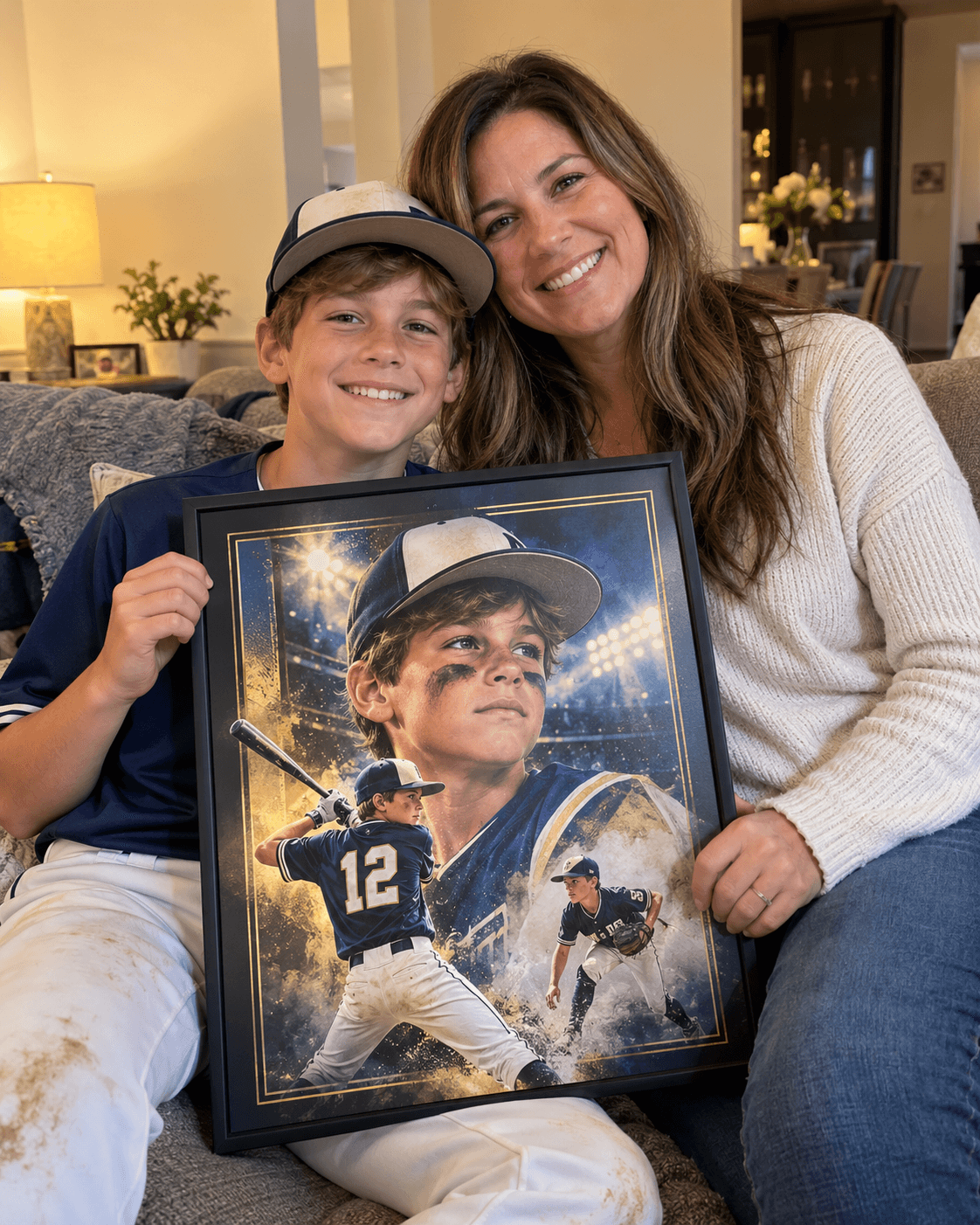 Max and his mother holding his personalized baseball poster