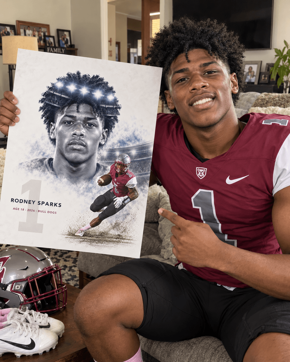 Rodney holding his personalized football poster