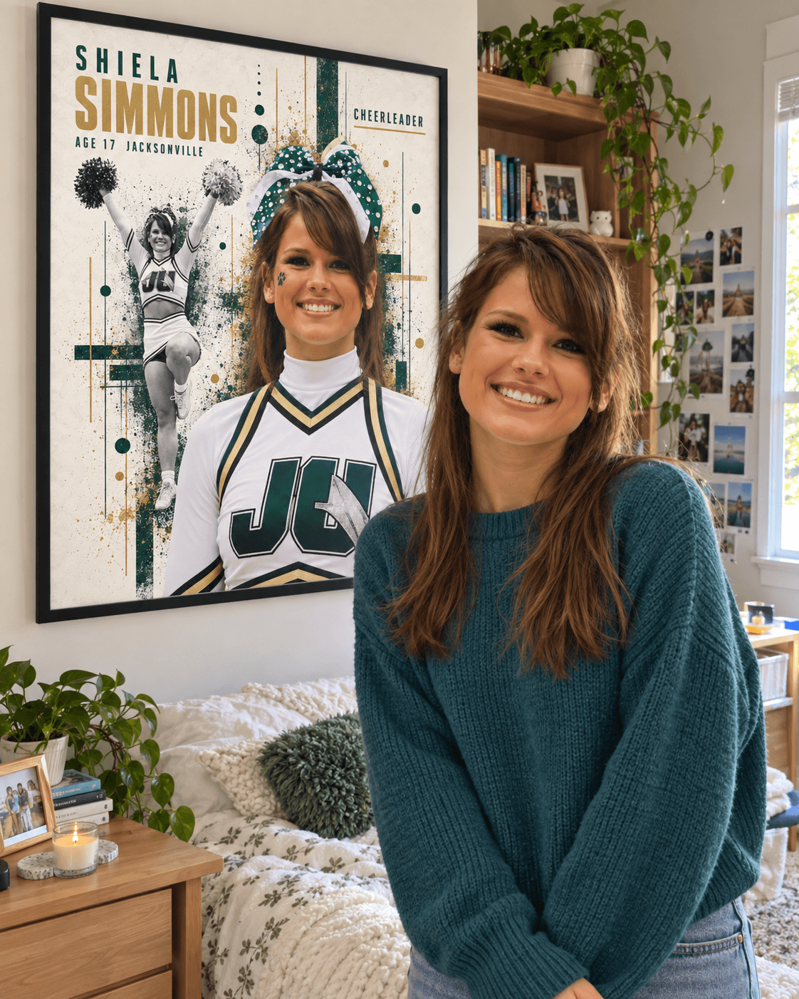 Sheila beside her personalized cheerleading poster